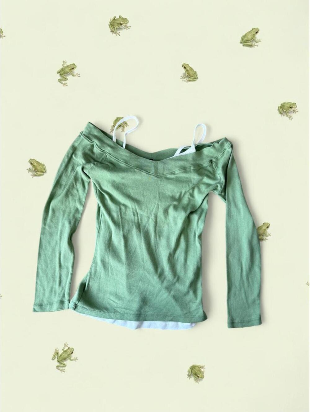 Brandy Melville matcha green 3/4 sleeves top with white cami attached to it